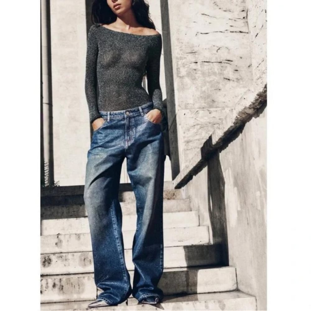 ZARA Z1975 MID WAIST WIDE LEG RHINESTONE JEANS